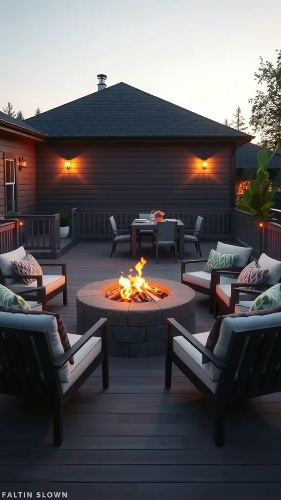 19 Inspiring Front Deck Ideas You'll Love 9 Cozy fire pit on a deck surrounded by comfortable chairs, creating an inviting atmosphere.