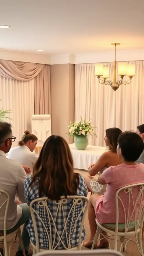 29 Creative Baby Shower Ideas for May Celebrations 12 Group of people seated listening to a speaker at a baby shower