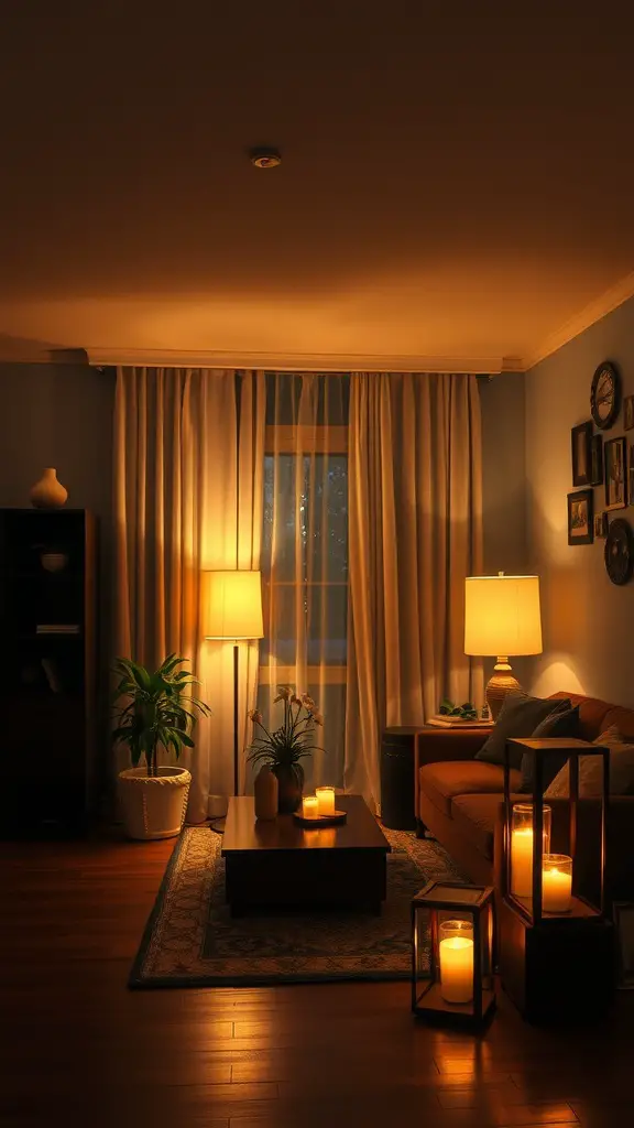 21 Cozy Living Room Ideas to Transform Your Space 10 Cozy living room with soft lighting, plants, and candles creating a warm atmosphere.
