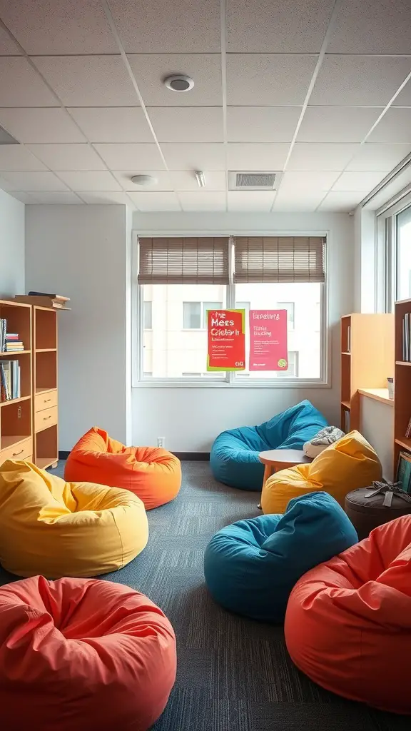 19 Stylish Dorm Room Ideas for Guys 15 A cozy lounge area with colorful bean bags and natural light.