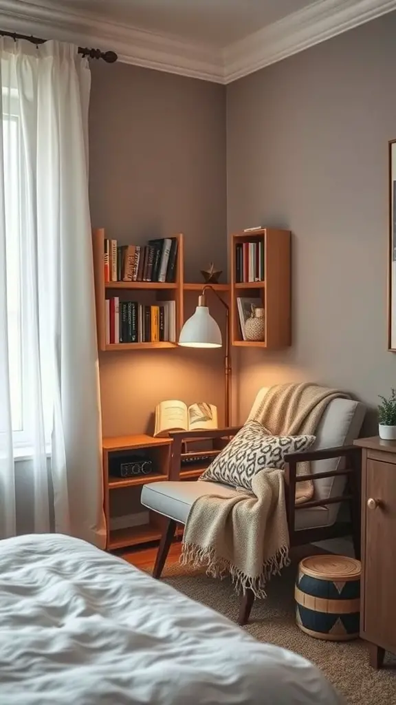 15 Cozy Apartment Bedroom Ideas for Ultimate Comfort 10 Cozy reading nook with a chair, blanket, bookshelf, and warm lighting