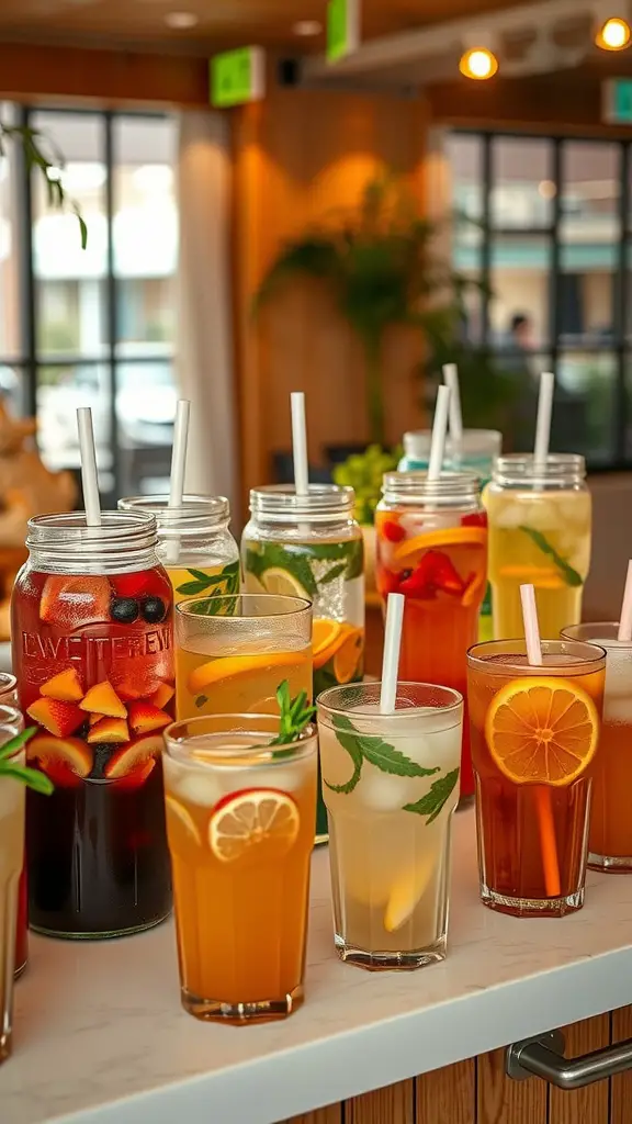 25 Charming June Baby Shower Ideas You'll Love 16 A variety of colorful drinks in jars and glasses on a table, perfect for a baby shower refreshment station.