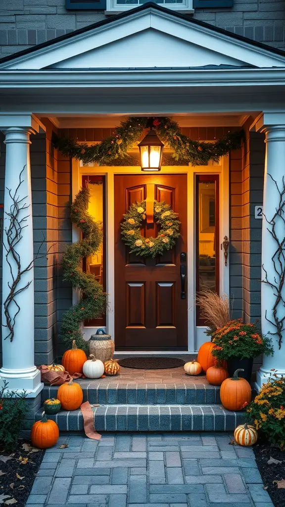 25 Stunning Front Entry Landscaping Ideas for a Welcoming Home 15 A cozy front entryway decorated with pumpkins, a wreath, and garlands, illuminated warmly.