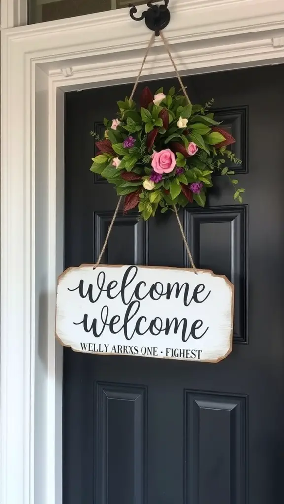 27 Charming Summer Front Porch Decor Ideas You’ll Love 2 A welcome sign with floral wreath hanging on a black door