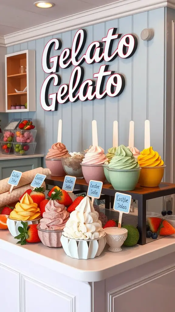 29 Charming Italian-Themed Bridal Shower Ideas You’ll Love 10 A colorful gelato dessert table featuring various flavors of gelato in bowls, fresh fruits, and a sign that says 'Gelato Gelato.'