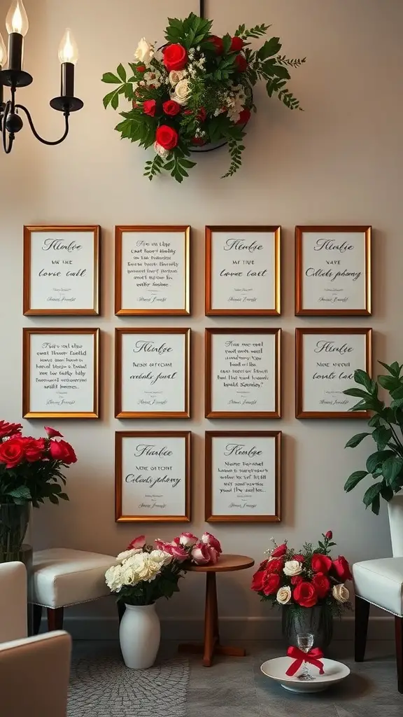 29 Charming Italian-Themed Bridal Shower Ideas You’ll Love 11 A beautifully arranged wall display of framed love quotes with floral decorations for a bridal shower.