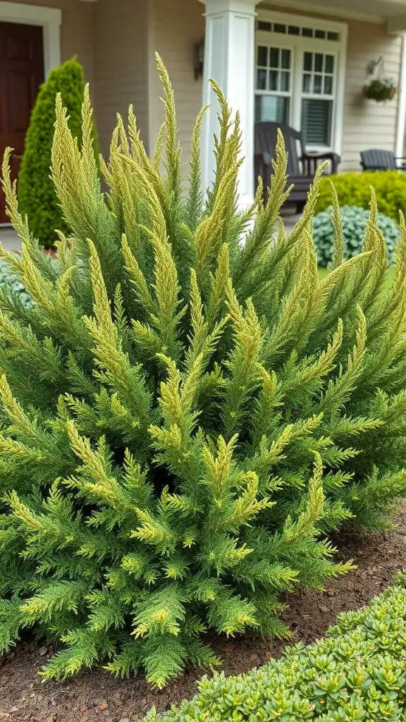 A vibrant juniper shrub with green and yellow foliage in front of a house