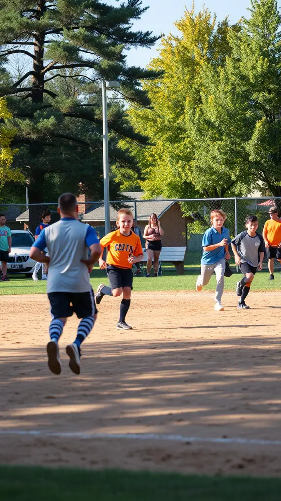 25 Exciting Outdoor Games for Fun-filled Adventures 4 Players running during a kickball tournament on a sunny day.