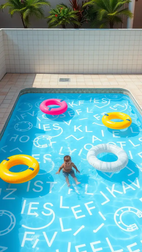 15 Creative Ideas for Small Backyard Pools 15 A small backyard pool with colorful inner tubes and a child enjoying the water.