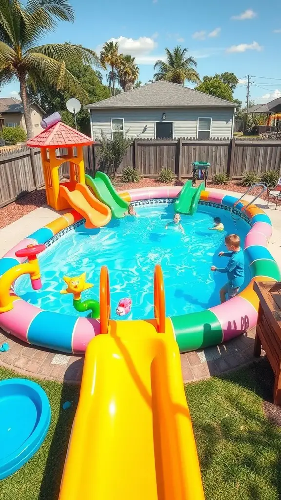 21 Stunning Backyard Swimming Pool Ideas You’ll Love 5 Colorful kid-friendly swimming pool with slides and inflatable toys