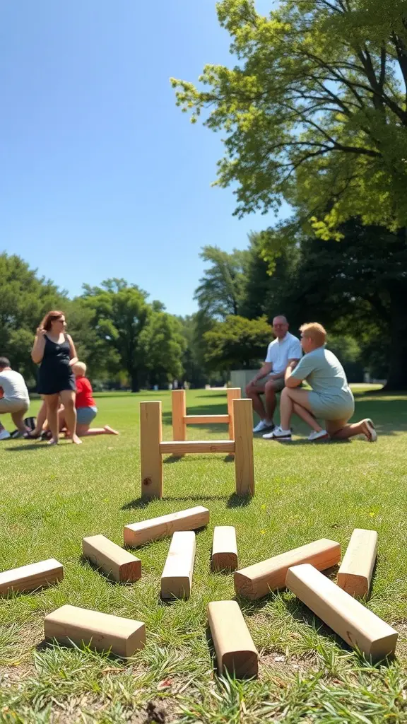 25 Exciting Outdoor Games for Fun-filled Adventures 16 A group of people playing Kubb, a Viking game, in a sunny park with wooden blocks scattered on the grass.