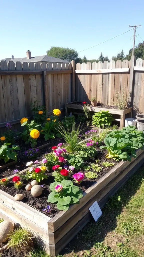 19 Creative Raised Garden Bed Layout Ideas for Your Backyard 4 L-shaped raised garden bed filled with colorful flowers and greenery in a sunny backyard.