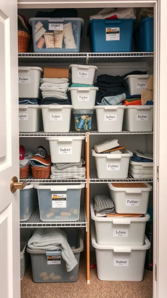 19 Creative Dorm Closet Organization Ideas You Need to Try 6 Organized dorm closet with labeled bins for easy identification of contents