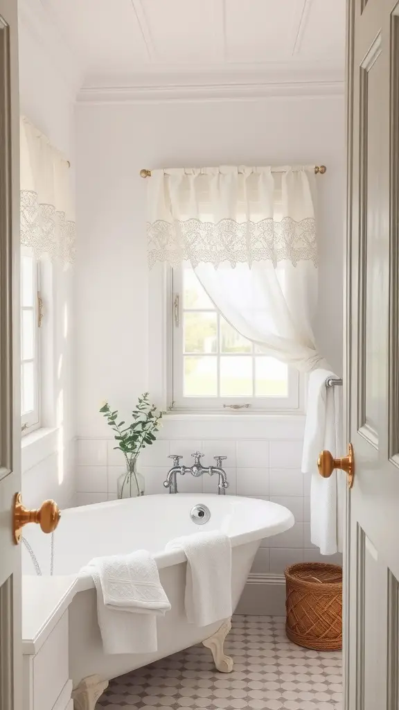 25 Charming Cottage Style Bathroom Ideas to Inspire Your Next Renovation 12 Bright cottage-style bathroom featuring lace curtains and linen towels.