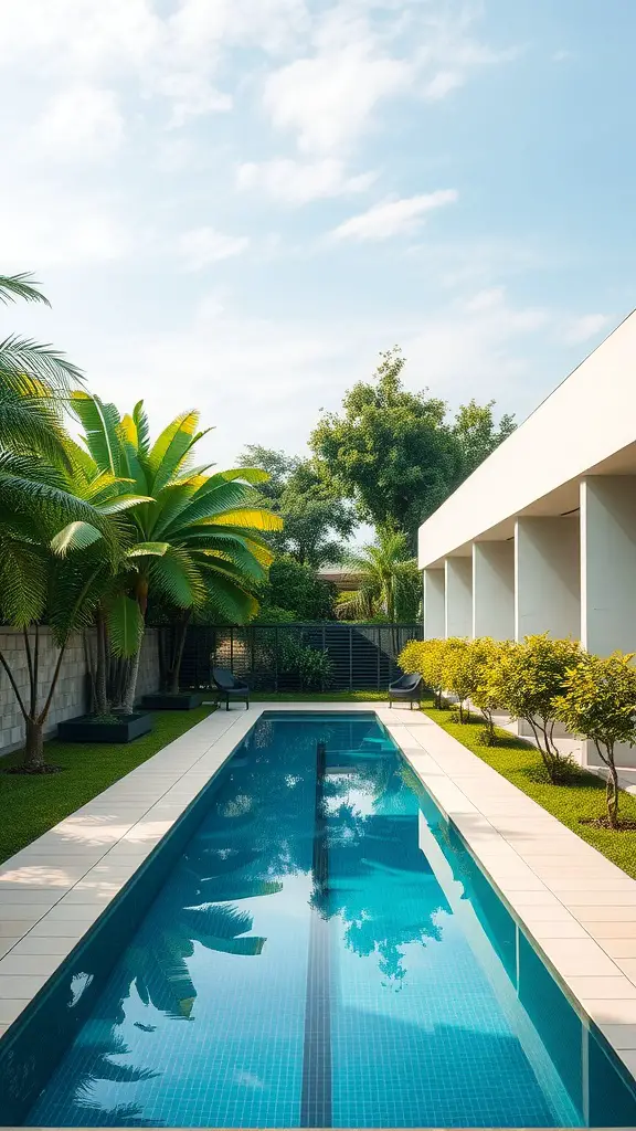 21 Stunning Modern Pool Design Ideas for Your Backyard Oasis 5 A modern lap pool surrounded by greenery and sleek architecture.