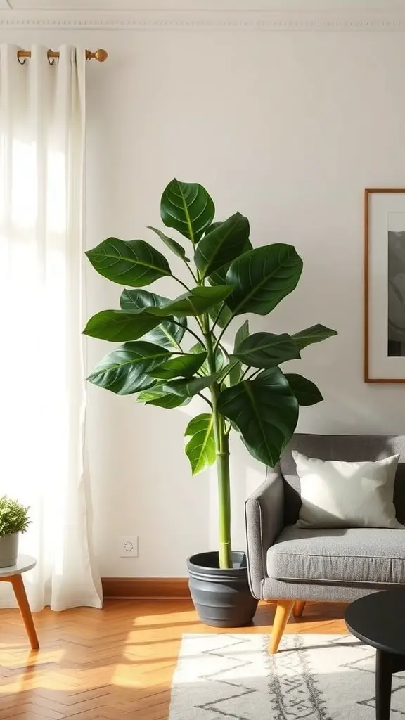 15 Inspiring Living Room Plant Decor Ideas 23 A large leafy floor plant next to a gray couch in a cozy living room setting.