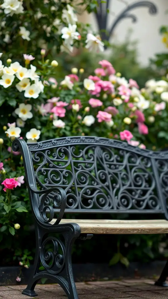 21 Creative Front Porch Bench Ideas for a Warm Welcome 6 A decorative lattice-back outdoor bench surrounded by colorful flowers