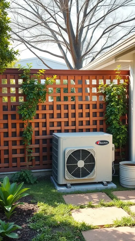 15 Creative Outdoor Ideas for AC Unit Covers 5 A wooden lattice privacy wall with green vines and an outdoor AC unit beside it.