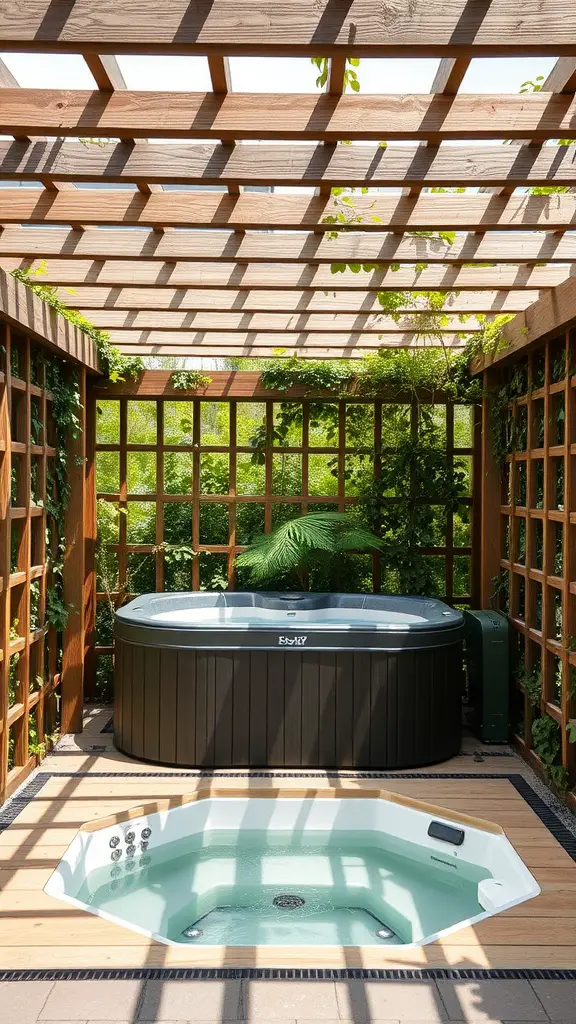 19 Creative Hot Tub Privacy Ideas for Ultimate Relaxation 10 A hot tub surrounded by wooden lattice work and greenery, providing privacy and a natural feel.