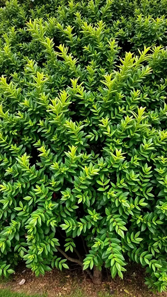 Dense green laurel shrubs with bright new growth