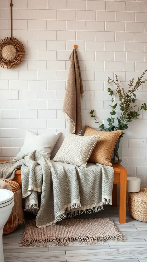 17 Cozy Bathroom Ideas for a Relaxing Retreat 2 Cozy bathroom setup with layered throws and pillows on a wooden bench, featuring neutral colors and decorative elements.