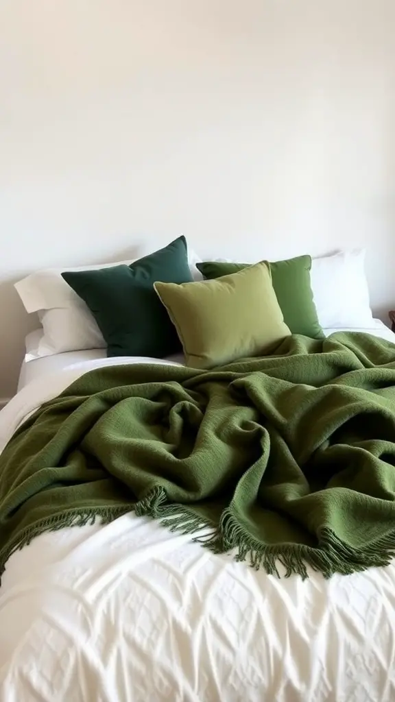 25 Stunning Green and White Bedroom Ideas for a Refreshing Retreat 12 A cozy bed with layered green textiles, featuring a green throw blanket and assorted green pillows on a white bedspread.