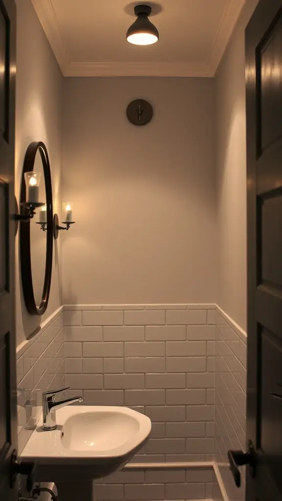 23 Stunning Small Bathroom Interior Ideas for a Stylish Makeover 10 A small bathroom with layered lighting including a ceiling light and wall sconces, featuring a round mirror and a white tiled sink area.