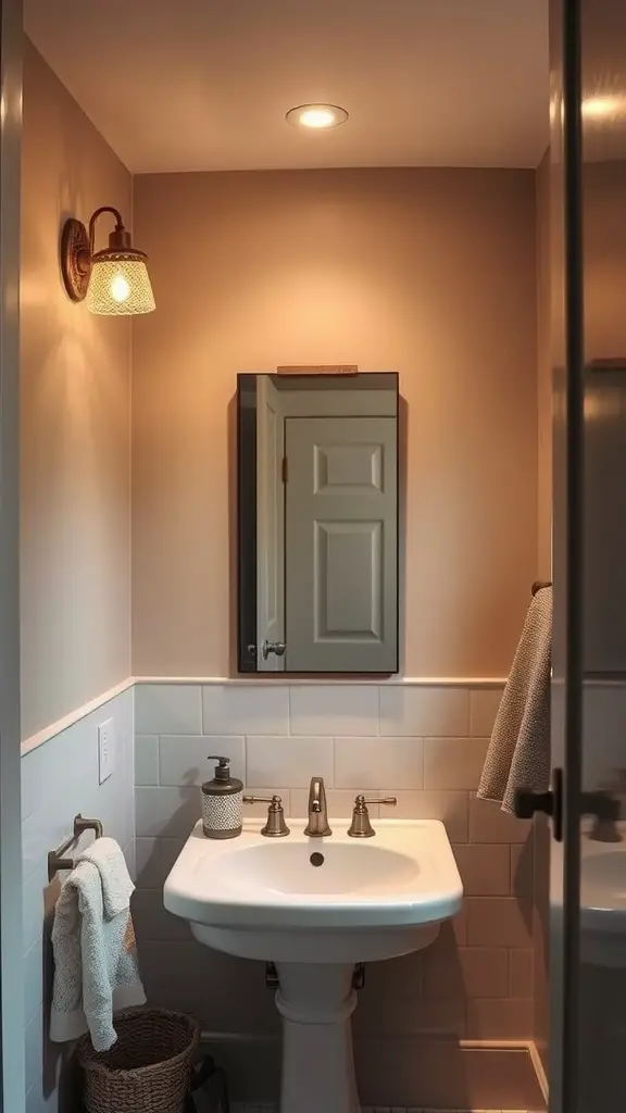 27 Clever Tiny Bathroom Ideas for Maximum Style and Functionality 12 A small bathroom with layered lighting including a wall sconce and recessed lights, showcasing a sink and mirror.