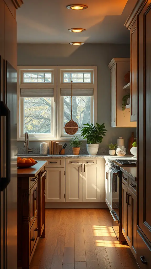 19 Stylish Kitchen Lighting Fixture Ideas You’ll Love 16 A bright kitchen featuring recessed lighting, a pendant light, and large windows letting in natural light.