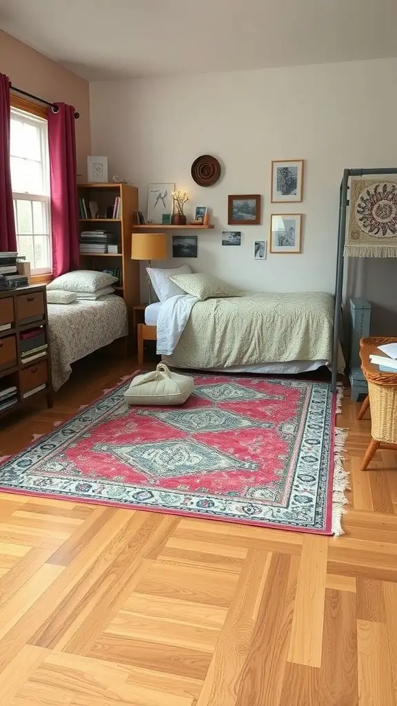 19 Cozy Dorm Room Aesthetic Ideas to Transform Your Space 8 A cozy dorm room with layered rugs, featuring a red and blue patterned rug on a wooden floor, two beds with light bedding, and a warm atmosphere.