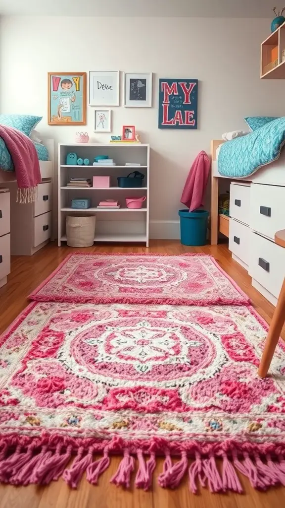 19 Stylish Pink and Blue Dorm Room Ideas to Elevate Your Space 11 A dorm room with layered pink rugs on wooden floor, featuring blue bedding and colorful decorations.
