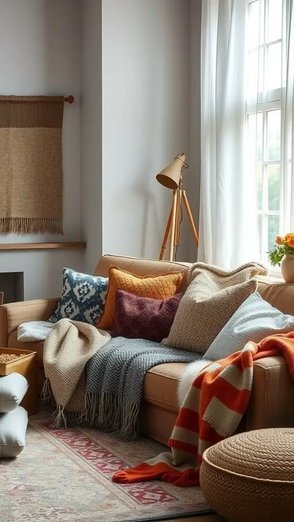 17 Cozy Maximalism Ideas to Transform Your Space 5 Cozy living room with layered textiles on a sofa, featuring colorful pillows and throws