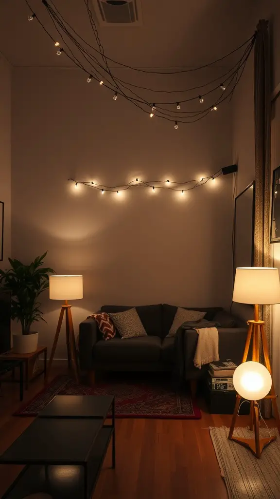 19 Cozy Small Living Room Ideas You’ll Love 8 A cozy living room with layered lighting, featuring string lights, a floor lamp, and a side lamp, alongside a couch and plants.