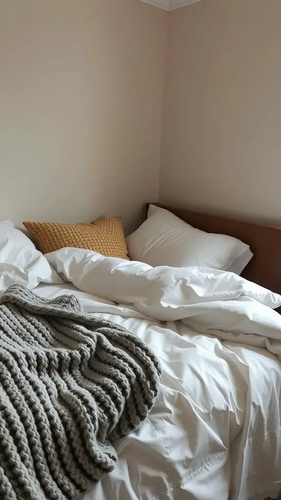 23 Trendy Dorm Bedding Ideas for a Stylish Space 7 Cozy bed with white bedding and a chunky gray knitted throw.