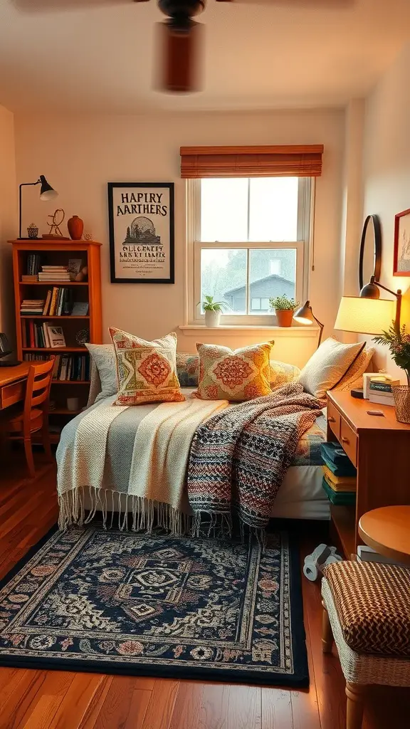 21 Creative Dorm Room Inspiration Ideas for College Students 16 A cozy college dorm room with layered textures, featuring a patterned rug, warm throws, and decorative pillows.