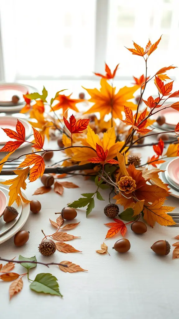 17 Charming Autumn Baby Shower Ideas for a Cozy Celebration 5 A table decorated with autumn leaves and acorns for a baby shower.