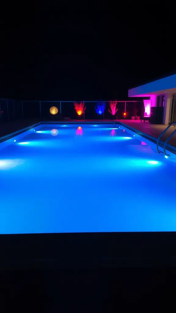 21 Stunning Modern Pool Design Ideas for Your Backyard Oasis 8 A modern pool at night with colorful LED lighting.