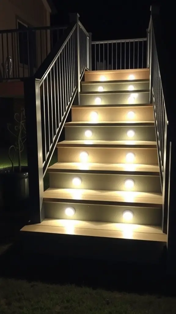 13 Stunning Deck Lighting Ideas to Illuminate Your Outdoor Space 10 A staircase with LED step lights illuminating each step at night.