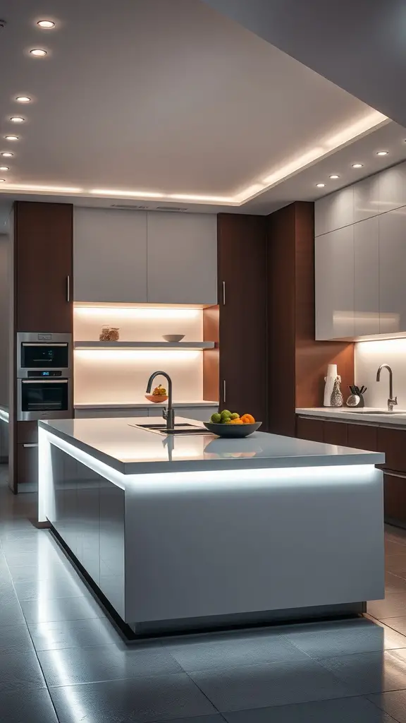 15 Stunning Kitchen Lighting Ideas for Your Island 13 Modern kitchen with LED strip lighting under the island and cabinets.