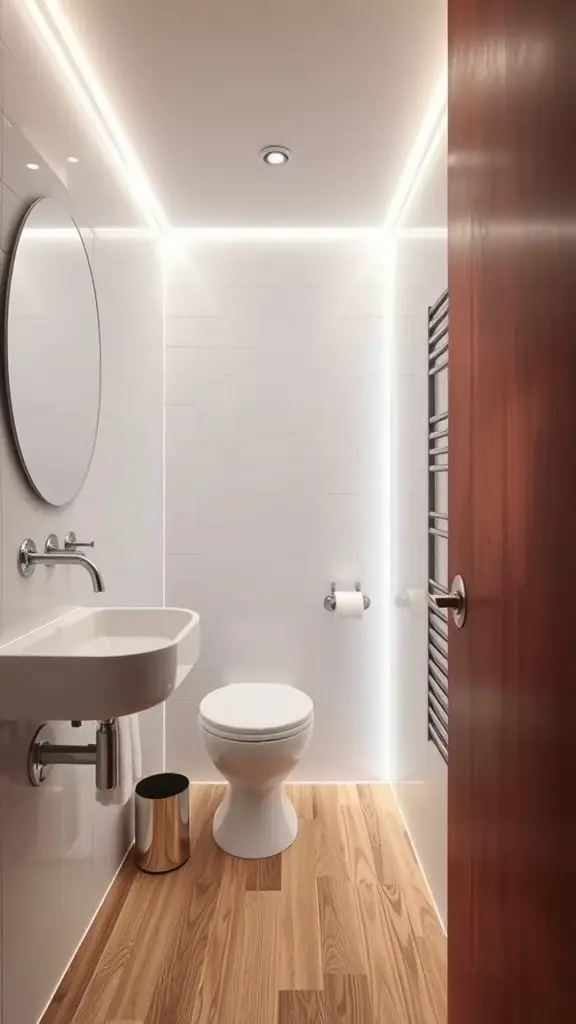 21 Small Bathroom Lighting Ideas to Brighten Your Space 12 A modern small bathroom featuring LED strip lights along the walls and ceiling.