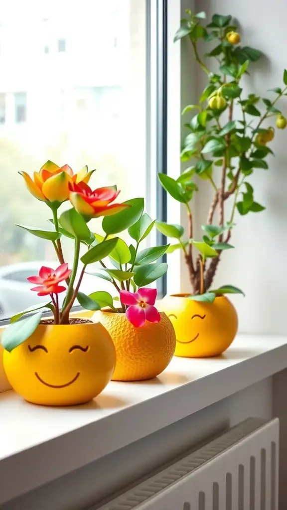 25 Creative Lemon Decor Ideas for Your Home 13 Colorful lemon-inspired planters with smiling faces holding indoor plants on a windowsill