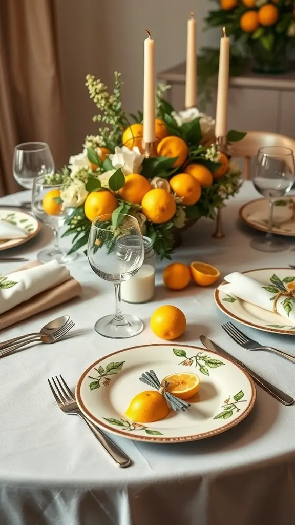 25 Creative Lemon Decor Ideas for Your Home 4 Table set with lemon-printed tableware, featuring a centerpiece of lemons and greenery, candles, and elegant glassware.