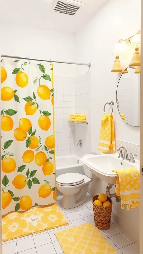 25 Creative Lemon Decor Ideas for Your Home 15 Bright lemon-themed bathroom with a lemon shower curtain, yellow towels, and a woven basket of lemons.