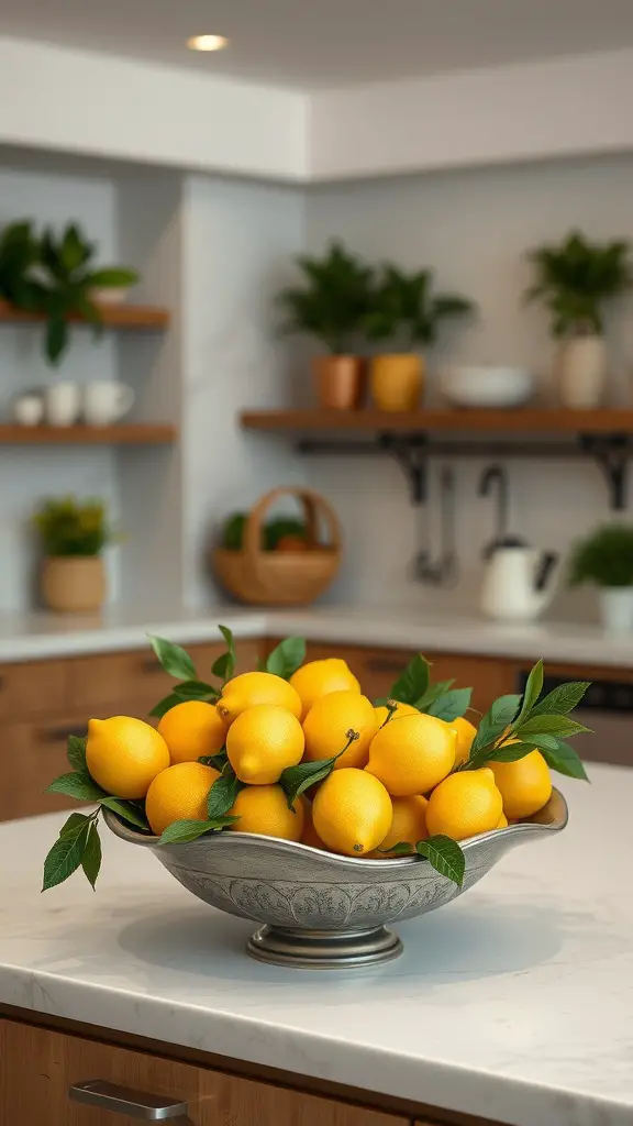 A decorative bowl filled with fresh lemons on a kitchen counter.