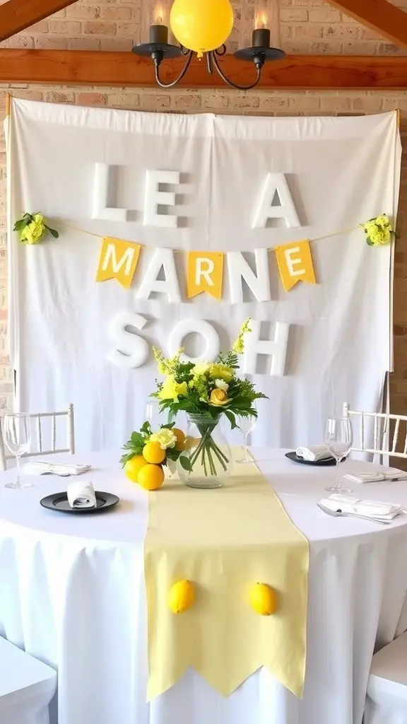 21 Creative Lemon-Themed Bridal Shower Ideas to Brighten Your Celebration 8 A bright lemon-themed bridal shower setup with white and yellow decor, featuring a table with lemons and flowers.