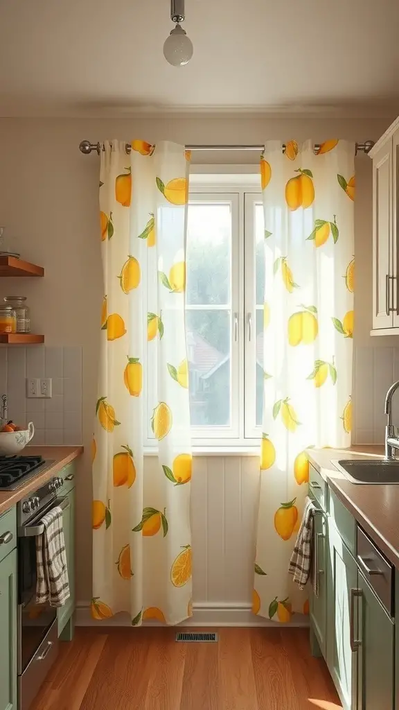25 Creative Lemon Decor Ideas for Your Home 11 Bright lemon motif curtains hanging in a kitchen window, adding a sunny vibe to the space.