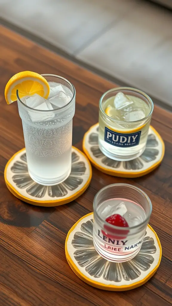 25 Creative Lemon Decor Ideas for Your Home 17 Three drinks on lemon slice coasters on a wooden table.