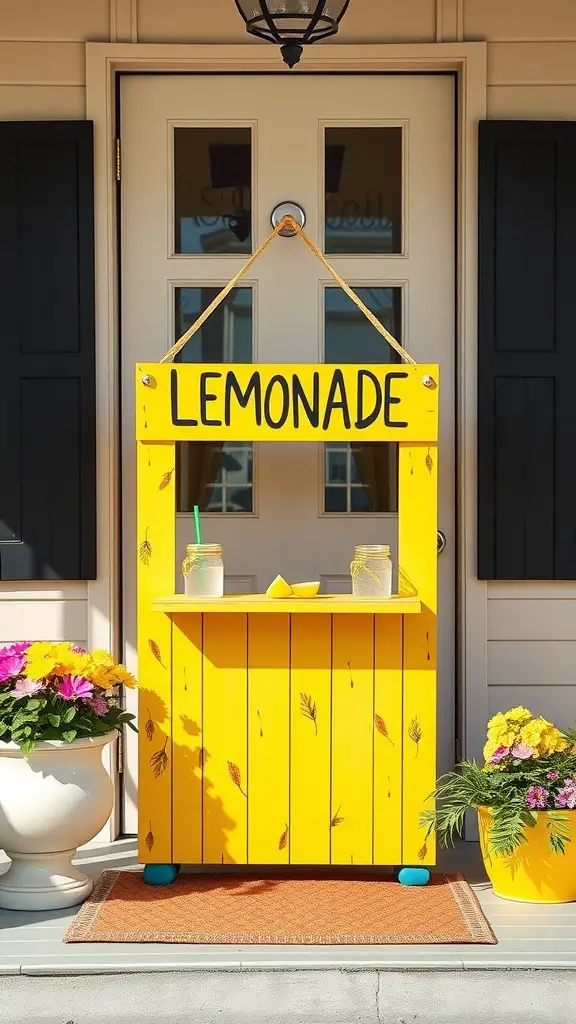 25 Creative DIY Summer Door Hangers to Brighten Your Home 11 A bright yellow lemonade stand door hanger with jars of lemonade and decorative flowers.
