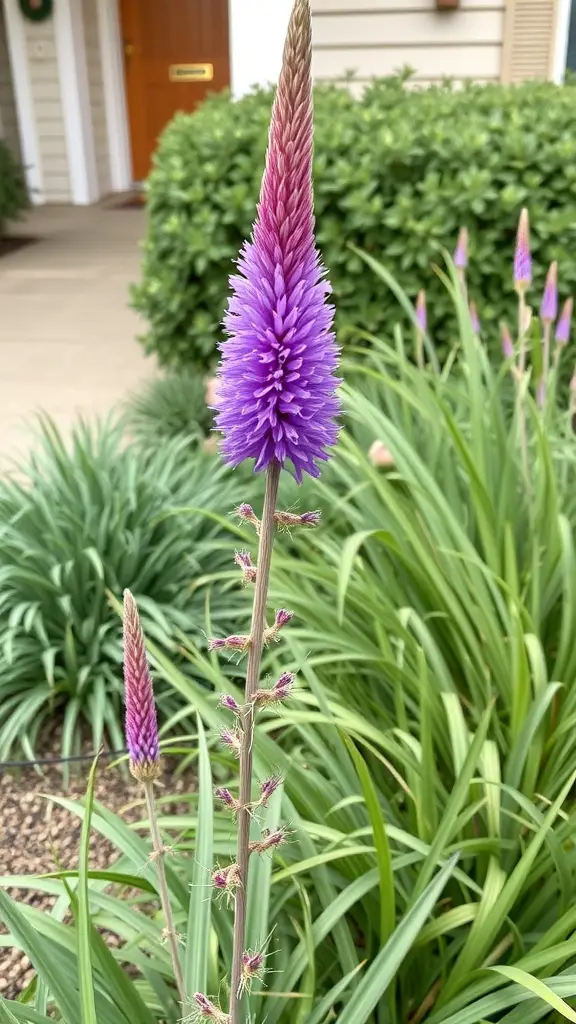 Tall purple Liatris flowers among green foliage in a garden