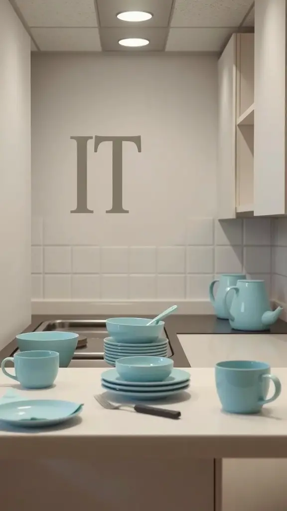 21 Charming Light Blue Dorm Room Ideas to Refresh Your Space 14 A light blue accented kitchenette with plates, bowls, and mugs arranged on a countertop.